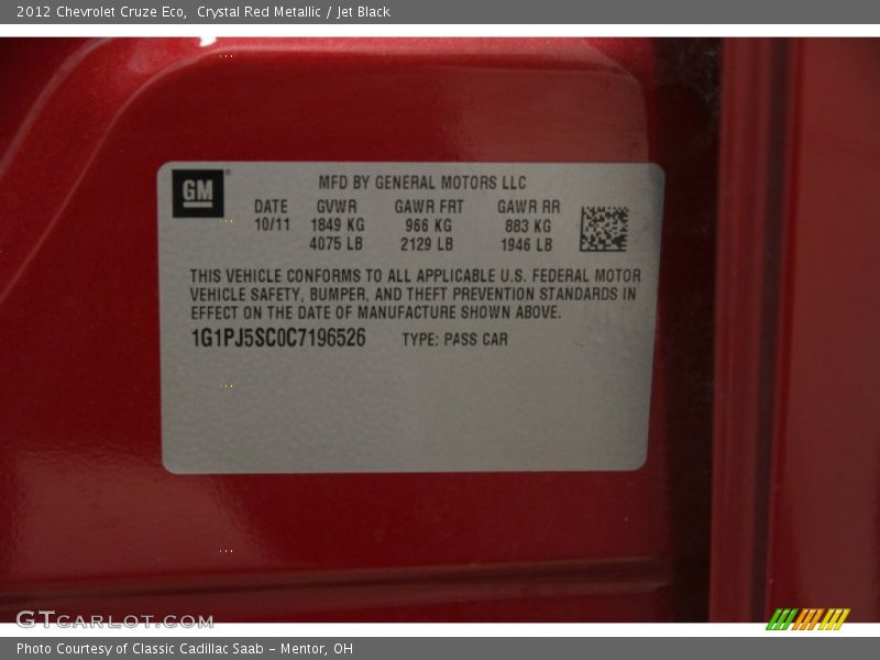 Crystal Red Metallic / Jet Black 2012 Chevrolet Cruze Eco