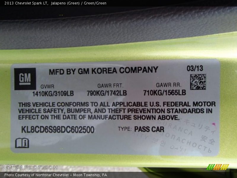 Jalapeno (Green) / Green/Green 2013 Chevrolet Spark LT