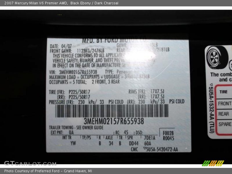 Black Ebony / Dark Charcoal 2007 Mercury Milan V6 Premier AWD