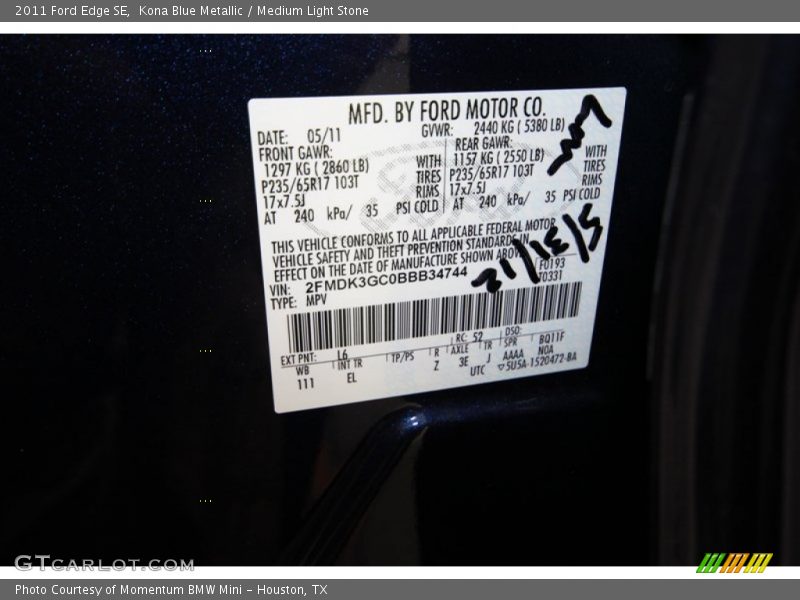 Kona Blue Metallic / Medium Light Stone 2011 Ford Edge SE