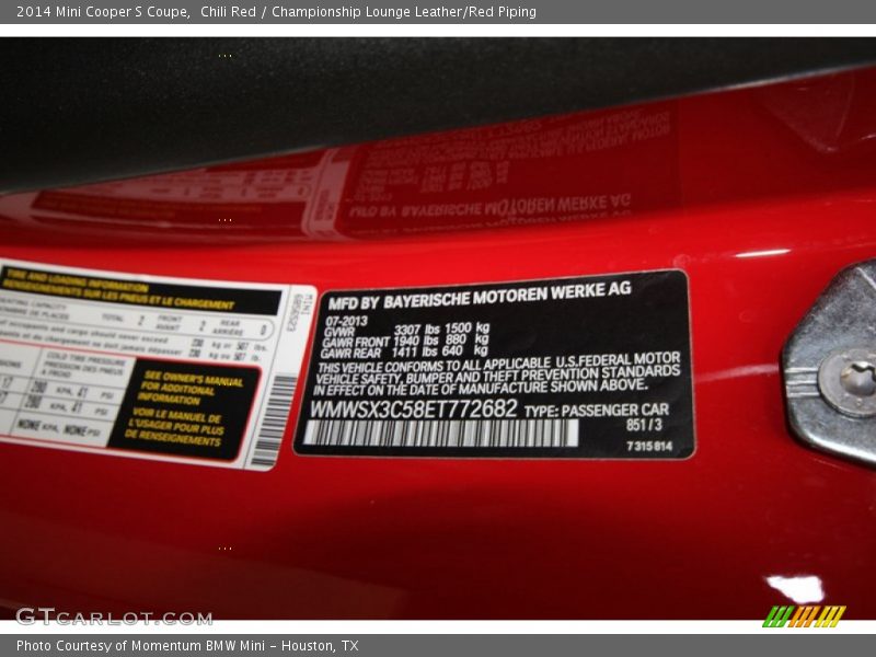 2014 Cooper S Coupe Chili Red Color Code 851