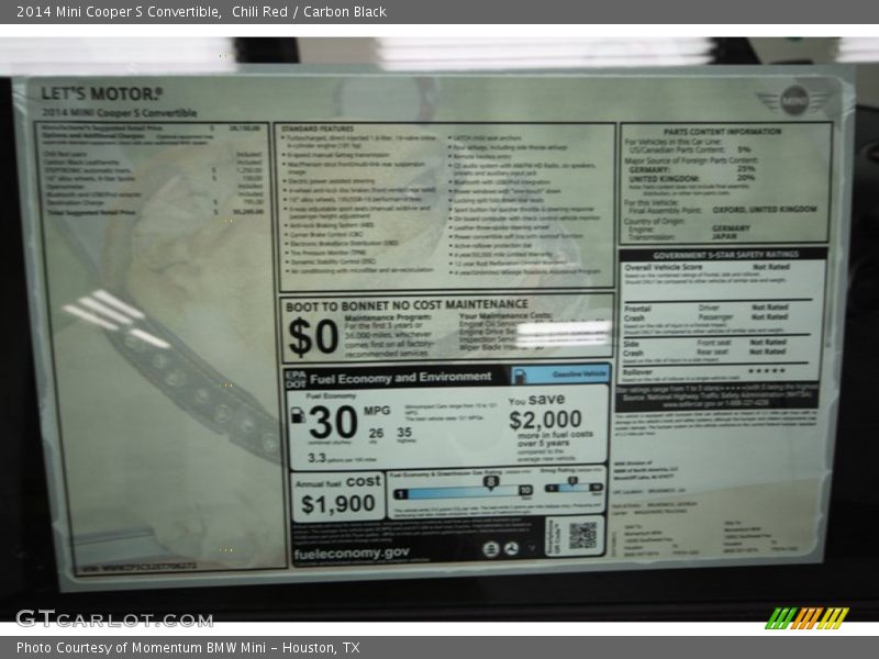  2014 Cooper S Convertible Window Sticker