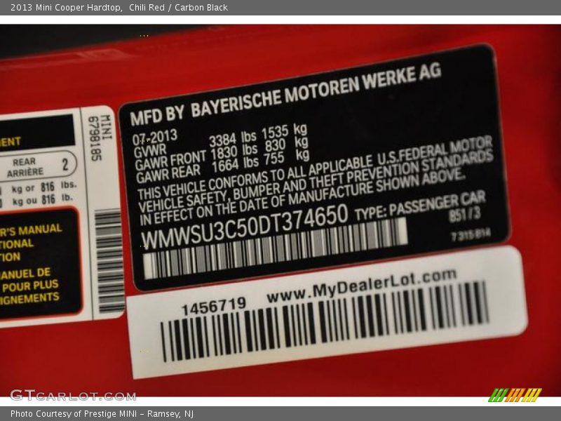 Chili Red / Carbon Black 2013 Mini Cooper Hardtop