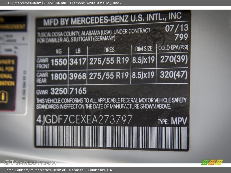 2014 GL 450 4Matic Diamond White Metallic Color Code 799