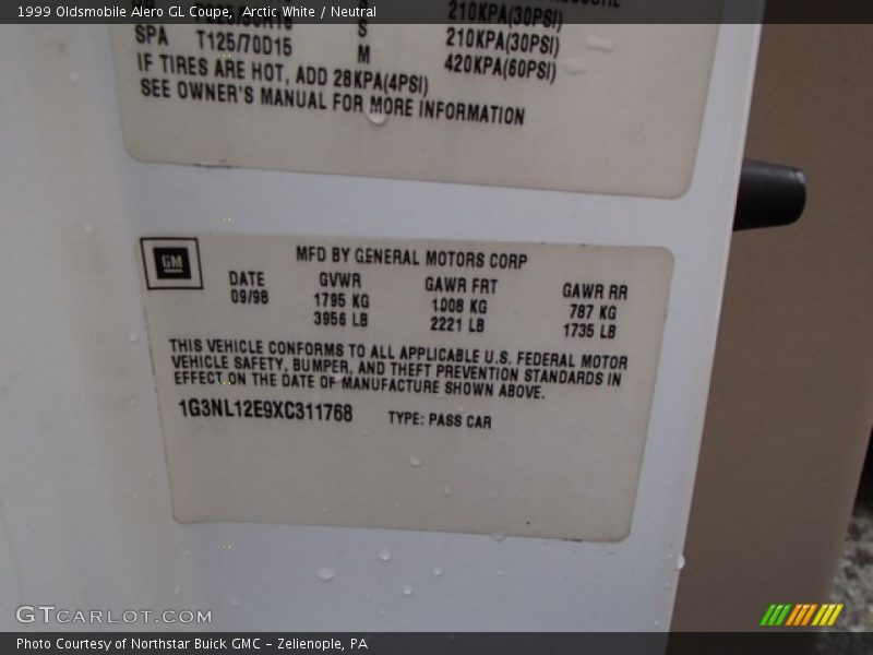 Info Tag of 1999 Alero GL Coupe
