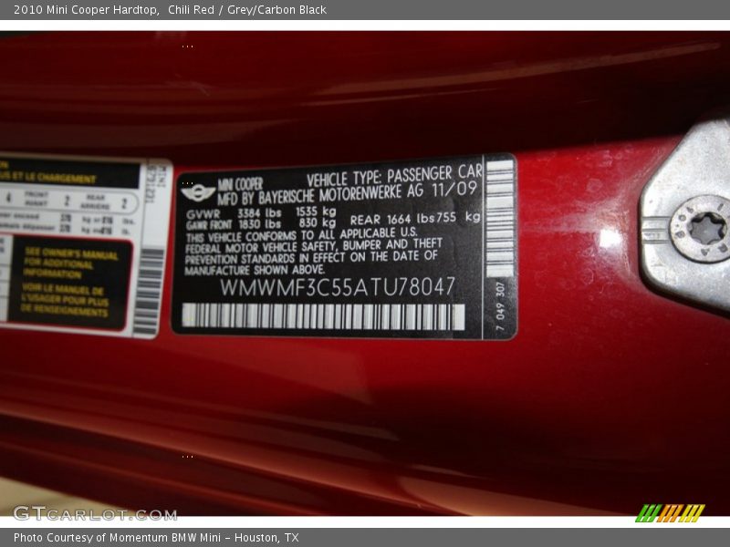 Chili Red / Grey/Carbon Black 2010 Mini Cooper Hardtop