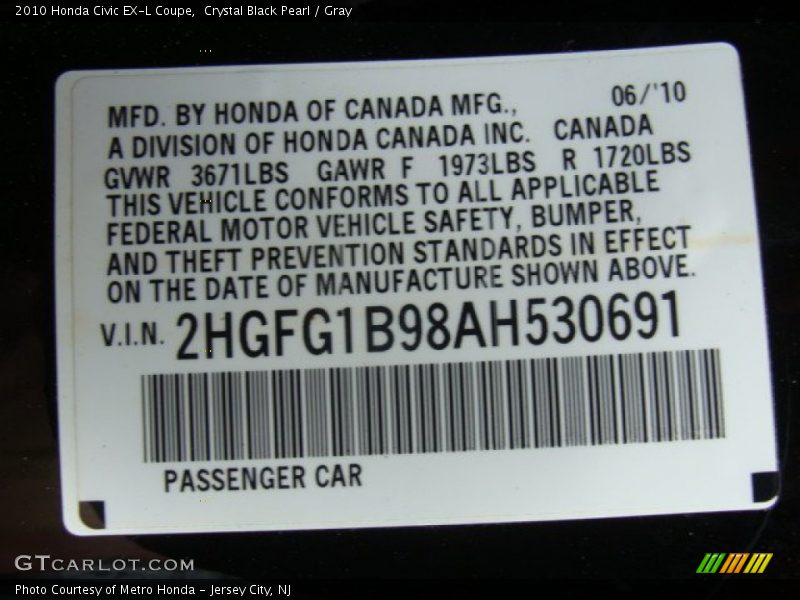 Crystal Black Pearl / Gray 2010 Honda Civic EX-L Coupe