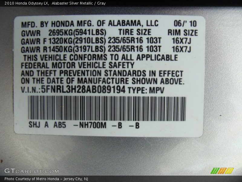 Alabaster Silver Metallic / Gray 2010 Honda Odyssey LX
