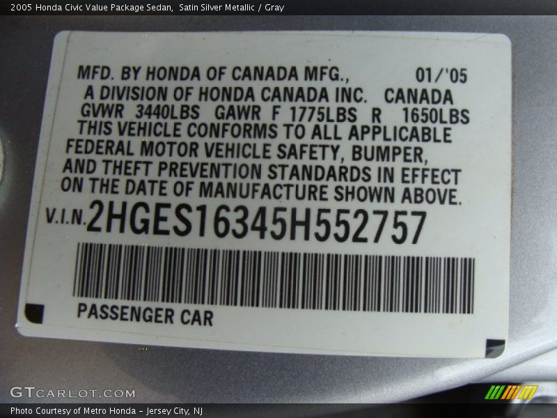 Satin Silver Metallic / Gray 2005 Honda Civic Value Package Sedan