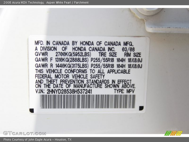 Aspen White Pearl / Parchment 2008 Acura MDX Technology