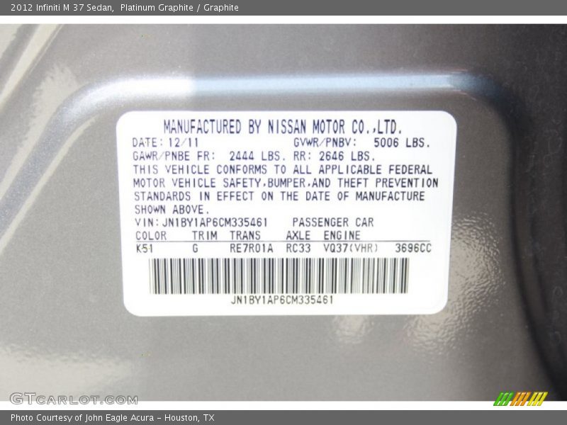 Platinum Graphite / Graphite 2012 Infiniti M 37 Sedan
