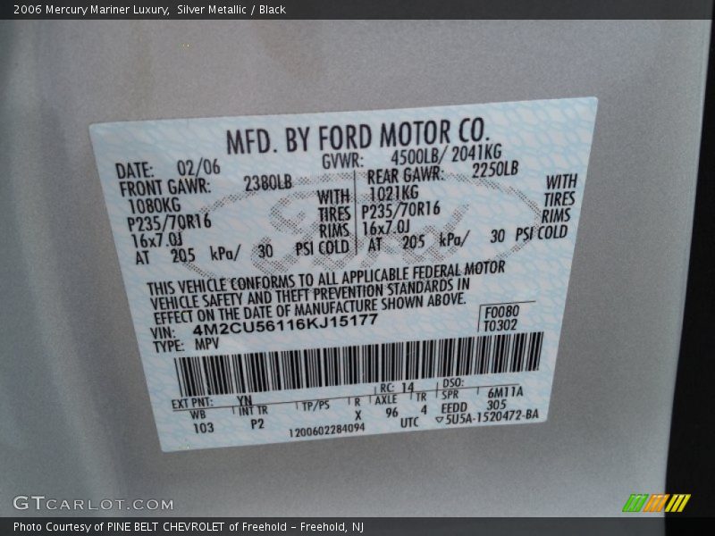 2006 Mariner Luxury Silver Metallic Color Code YN