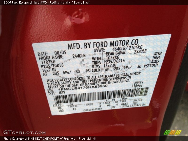 Redfire Metallic / Ebony Black 2006 Ford Escape Limited 4WD