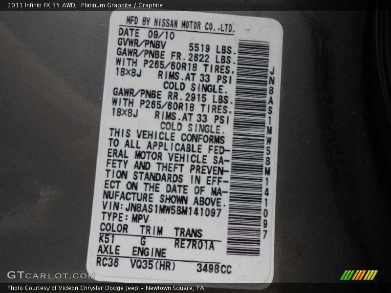 Platinum Graphite / Graphite 2011 Infiniti FX 35 AWD