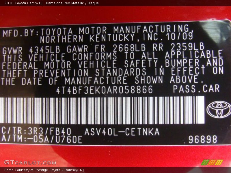 Barcelona Red Metallic / Bisque 2010 Toyota Camry LE