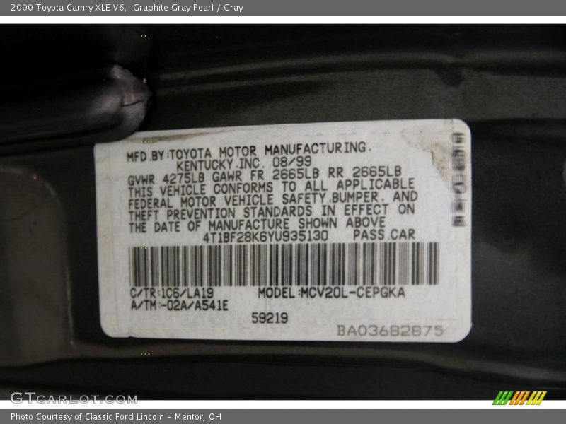 Graphite Gray Pearl / Gray 2000 Toyota Camry XLE V6