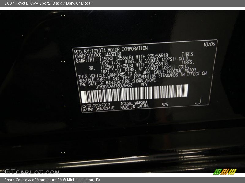 Black / Dark Charcoal 2007 Toyota RAV4 Sport