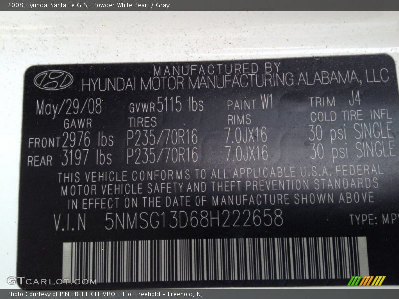 Powder White Pearl / Gray 2008 Hyundai Santa Fe GLS