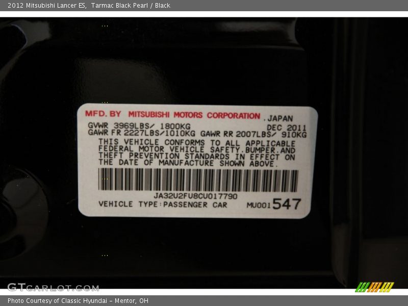Tarmac Black Pearl / Black 2012 Mitsubishi Lancer ES