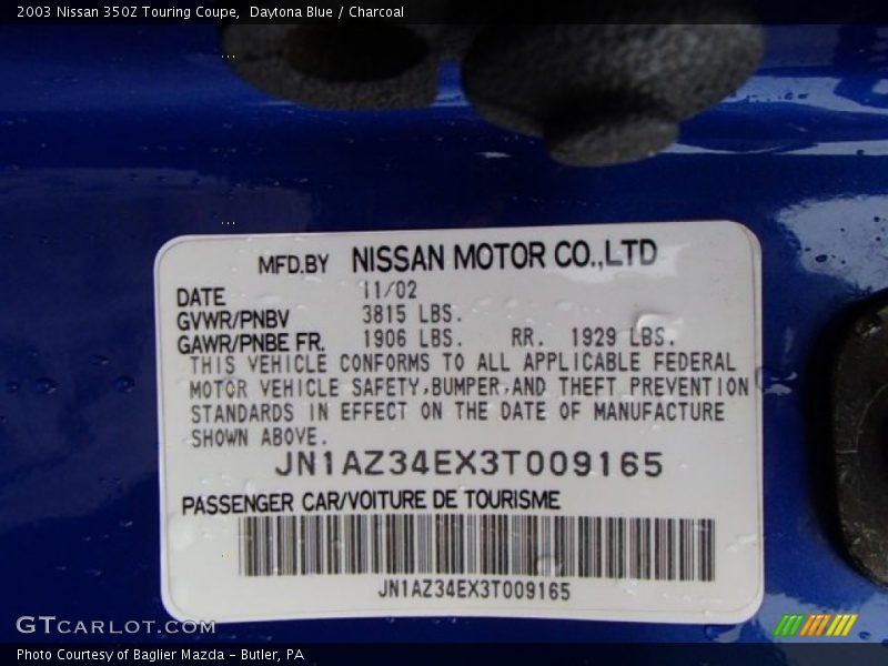 Daytona Blue / Charcoal 2003 Nissan 350Z Touring Coupe