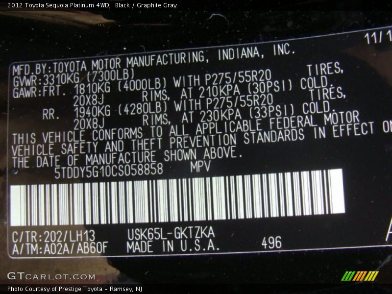 Black / Graphite Gray 2012 Toyota Sequoia Platinum 4WD