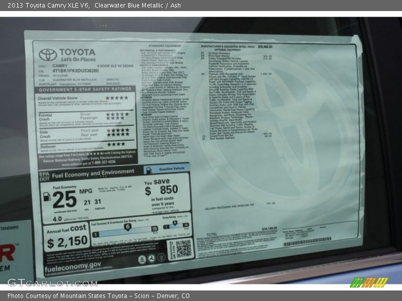 Clearwater Blue Metallic / Ash 2013 Toyota Camry XLE V6