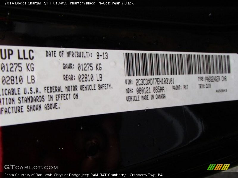 2014 Charger R/T Plus AWD Phantom Black Tri-Coat Pearl Color Code PXT