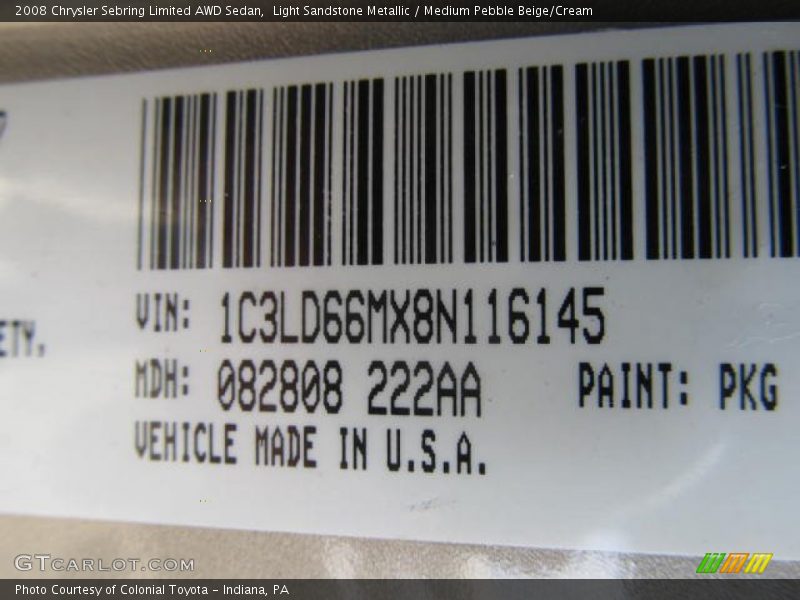2008 Sebring Limited AWD Sedan Light Sandstone Metallic Color Code PKG
