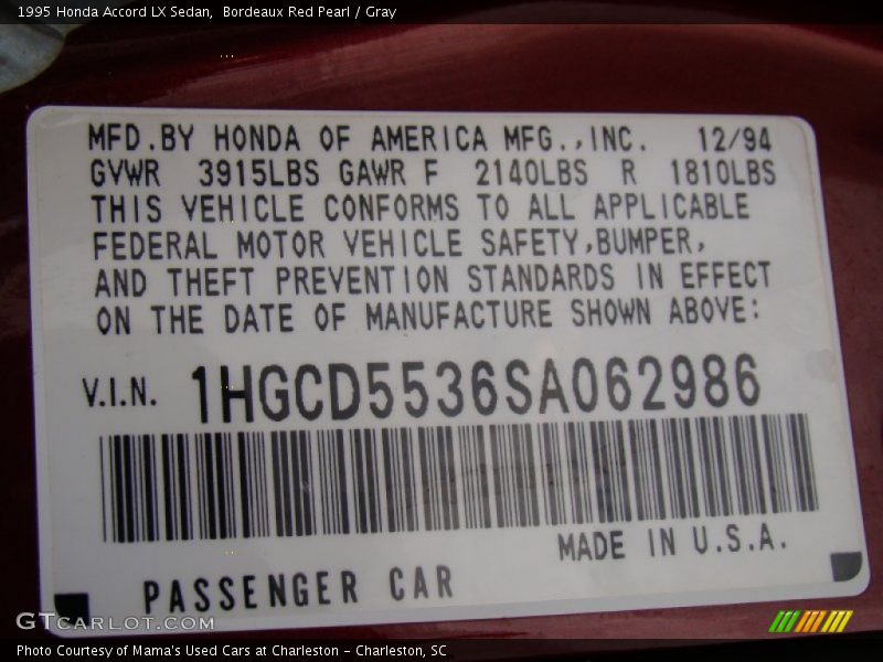 Bordeaux Red Pearl / Gray 1995 Honda Accord LX Sedan