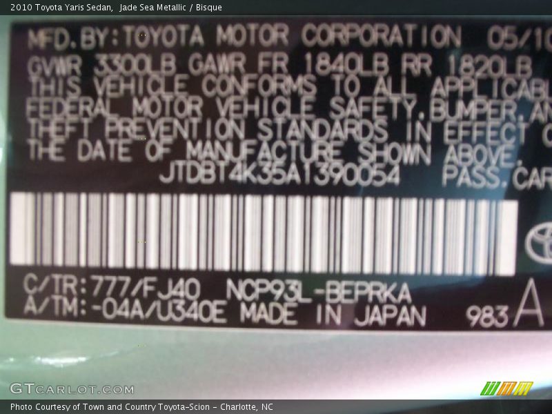 2010 Yaris Sedan Jade Sea Metallic Color Code 777