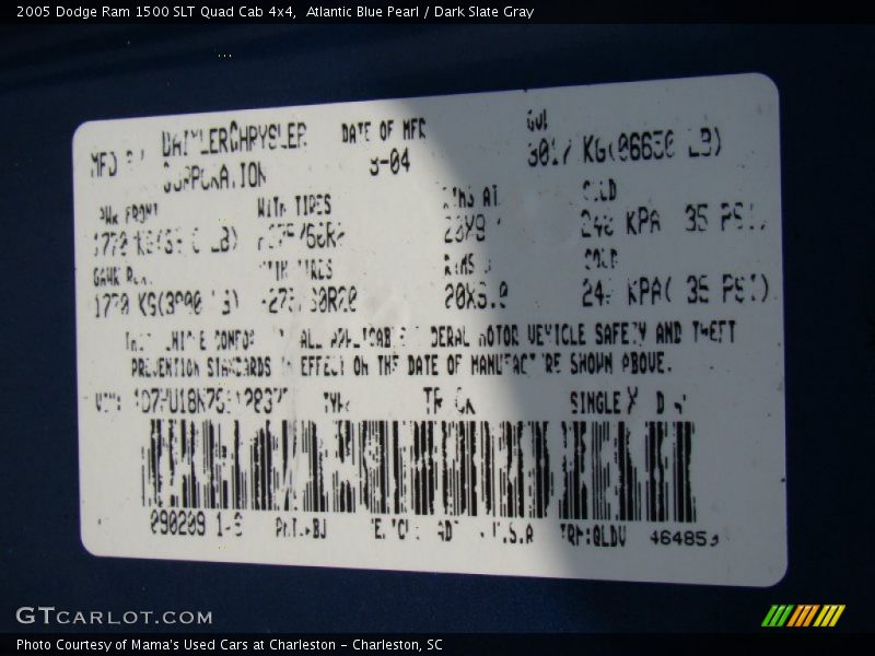Atlantic Blue Pearl / Dark Slate Gray 2005 Dodge Ram 1500 SLT Quad Cab 4x4