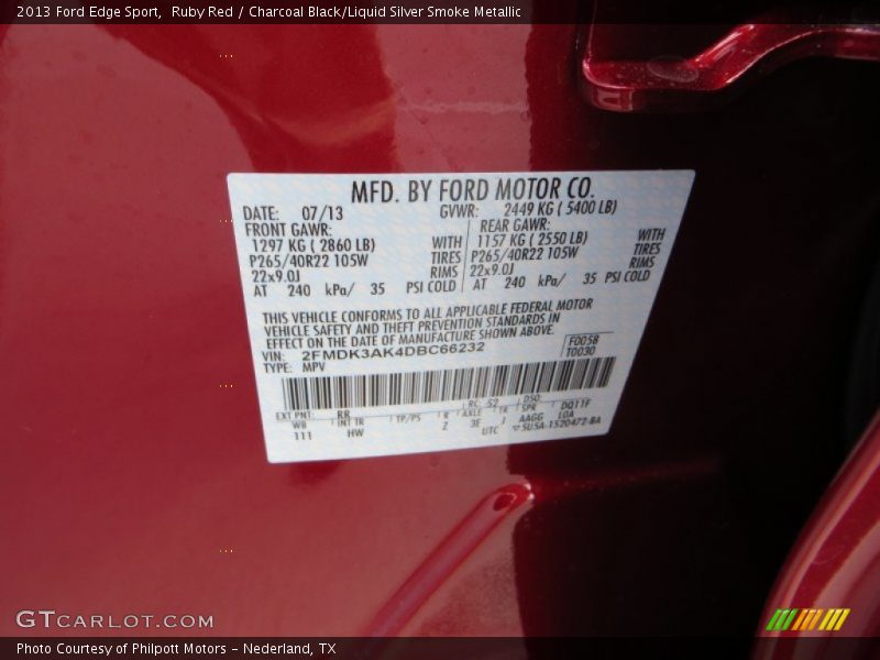 Ruby Red / Charcoal Black/Liquid Silver Smoke Metallic 2013 Ford Edge Sport