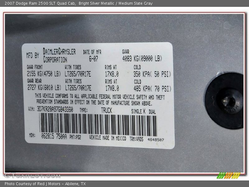 Bright Silver Metallic / Medium Slate Gray 2007 Dodge Ram 2500 SLT Quad Cab