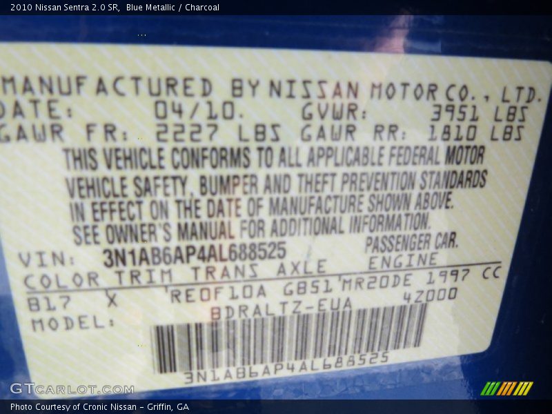 Blue Metallic / Charcoal 2010 Nissan Sentra 2.0 SR