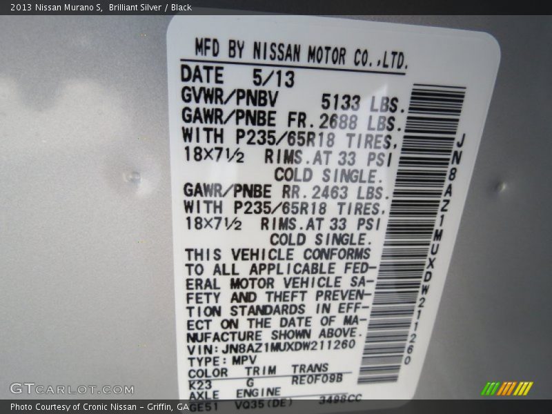 Brilliant Silver / Black 2013 Nissan Murano S