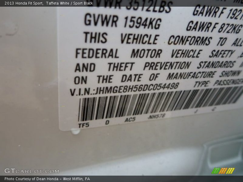 Taffeta White / Sport Black 2013 Honda Fit Sport