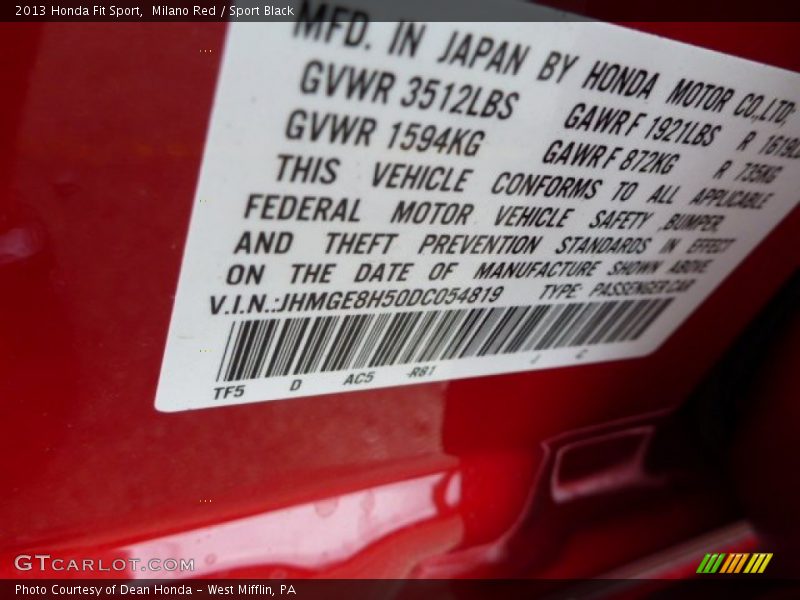 Milano Red / Sport Black 2013 Honda Fit Sport