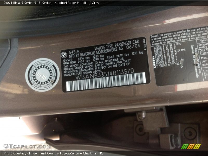 Info Tag of 2004 5 Series 545i Sedan