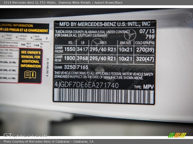 2014 GL 550 4Matic Diamond White Metallic Color Code 799