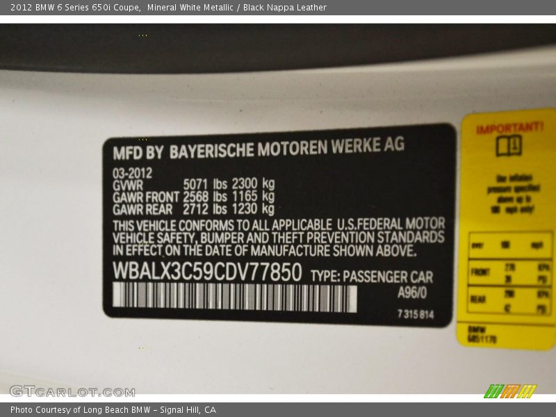 2012 6 Series 650i Coupe Mineral White Metallic Color Code A96