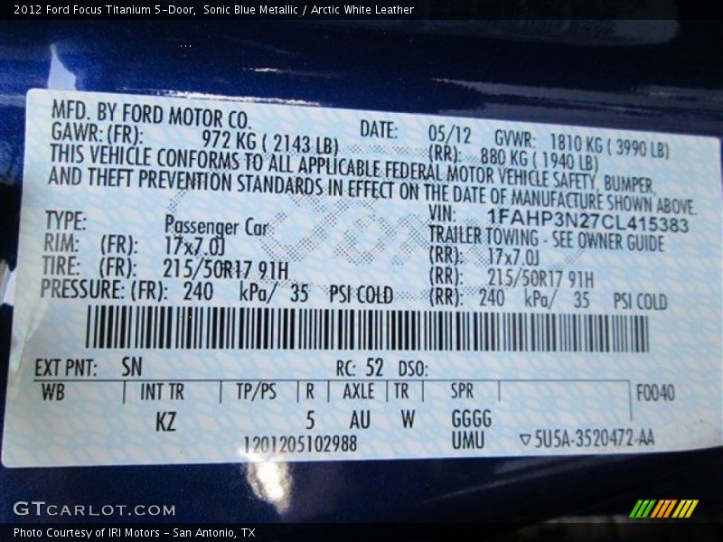 2012 Focus Titanium 5-Door Sonic Blue Metallic Color Code SN