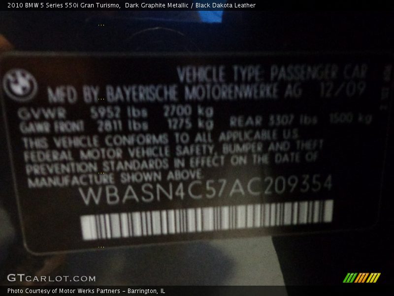 Dark Graphite Metallic / Black Dakota Leather 2010 BMW 5 Series 550i Gran Turismo