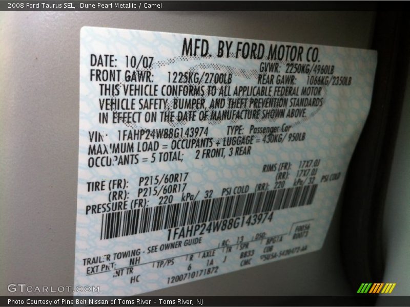 Dune Pearl Metallic / Camel 2008 Ford Taurus SEL