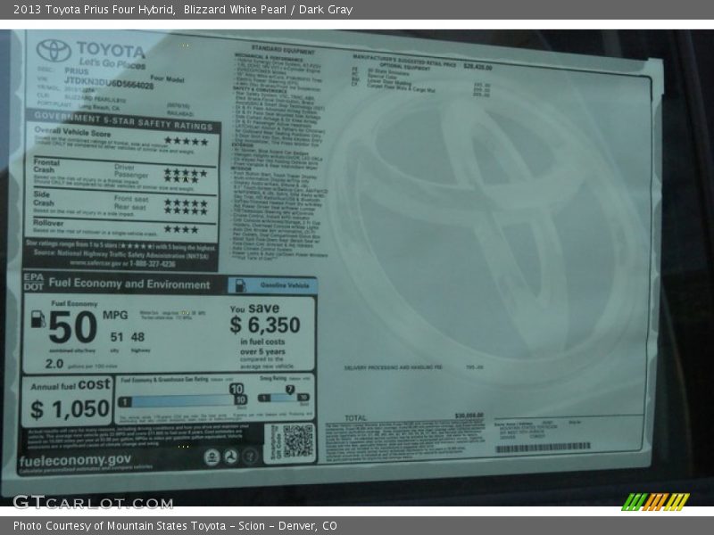 Blizzard White Pearl / Dark Gray 2013 Toyota Prius Four Hybrid