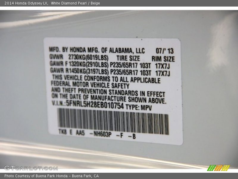 2014 Odyssey LX White Diamond Pearl Color Code NH603P