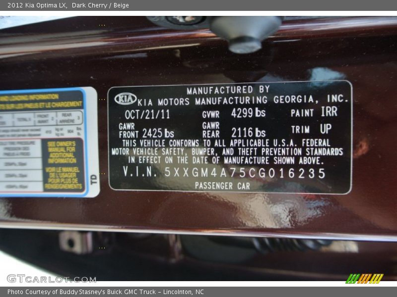 2012 Optima LX Dark Cherry Color Code IRR