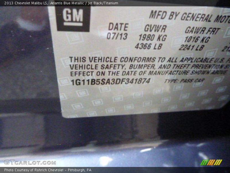 Atlantis Blue Metallic / Jet Black/Titanium 2013 Chevrolet Malibu LS