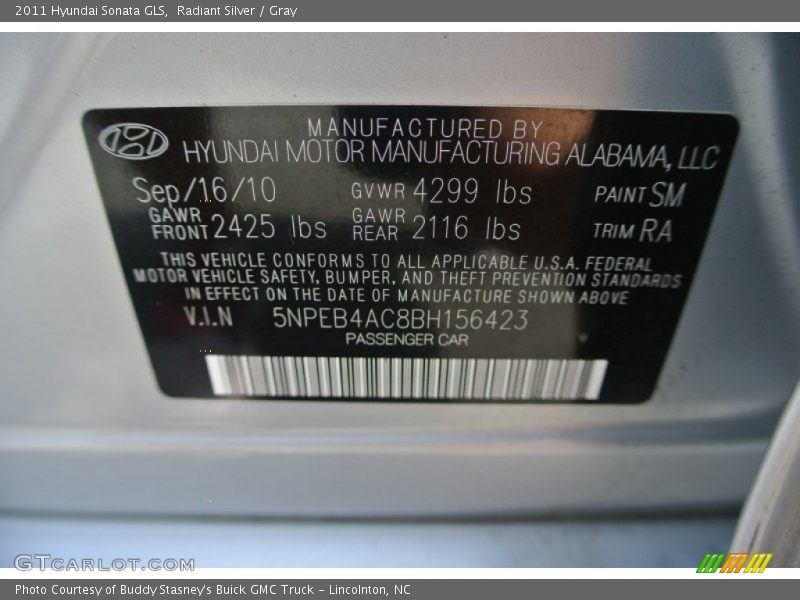 Radiant Silver / Gray 2011 Hyundai Sonata GLS