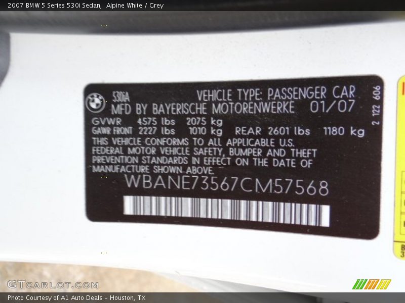 Alpine White / Grey 2007 BMW 5 Series 530i Sedan