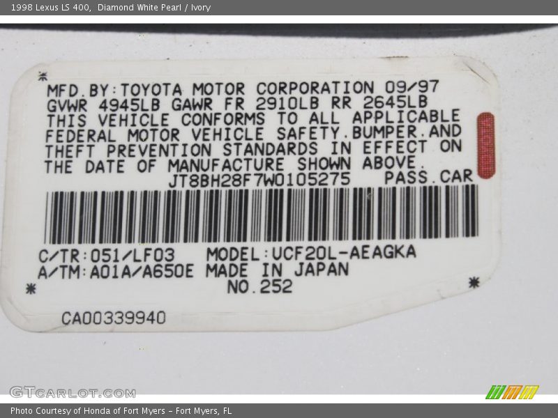 Diamond White Pearl / Ivory 1998 Lexus LS 400